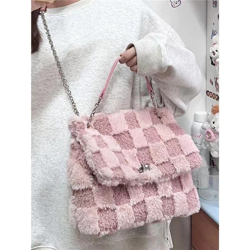 Túi Đeo Vai Họa Tiết Sọc Caro Phối Lông Thời Trang Cho Nữ