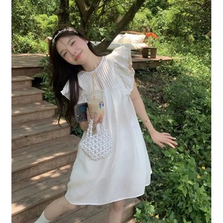 Váy trắng tay bồng sát nách tiểu thư, Đầm ngắn đi biển mùa hè ulzzang hàn quốc kiểu thiết kế ngực điệu dễ thương