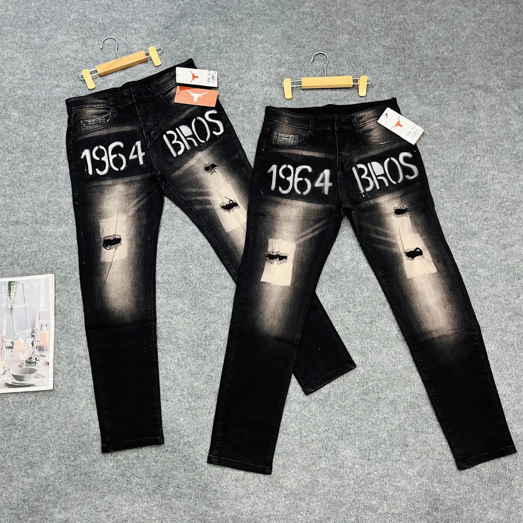 Quần jean dài nam đen vải denim rách form thêu Logo cao cấp chất bò vải dày đẹp co giãn PVT FASHION