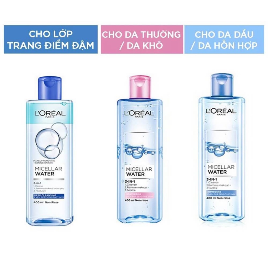 Nước tẩy trang Loreal - L'Oreal Paris 3-in-1 Micellar Water mọi loại da 400ml