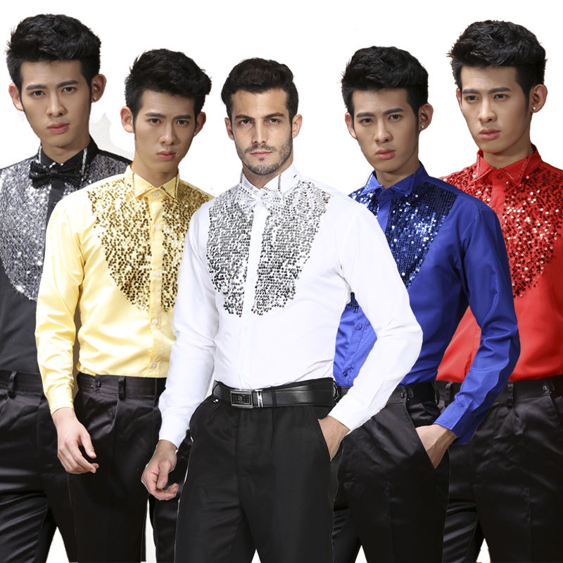 ▤Cotton Áo Sơ Mi Nam Dài Tay Thanh Niên Diễn Sân Khấu Lấp Lánh Đầm Áo Khiêu Vũ Mặc Cưới Phù Rể Áo Sơ Mi