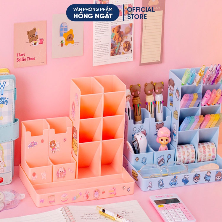 Ống đựng bút nhiều ngăn tặng kèm sticker, hộp đựng bút để bàn cute đa năng giá rẻ đồ dùng học tập dễ thương OB14