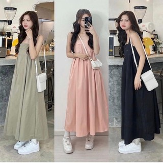 [ Ảnh thật ] Đầm - Váy 2 dây babydoll dáng xoè dài đi biển dễ thương ( hồng/đen/xanh )