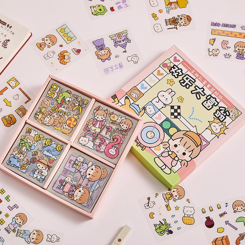 Bộ 1000 sticker /stikcker100 tấm dễ thương dán trang trí sổ../có hộp đựng đi kèm(1000 Sticker nằm trong 100 tấm ô vuông)