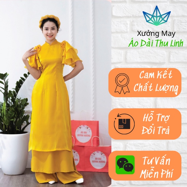 Áo Dài Cách Tân Màu Vàng Voan Kim Tuyến Cánh Tiên 4 Tà Vải Lụa Cao Cấp