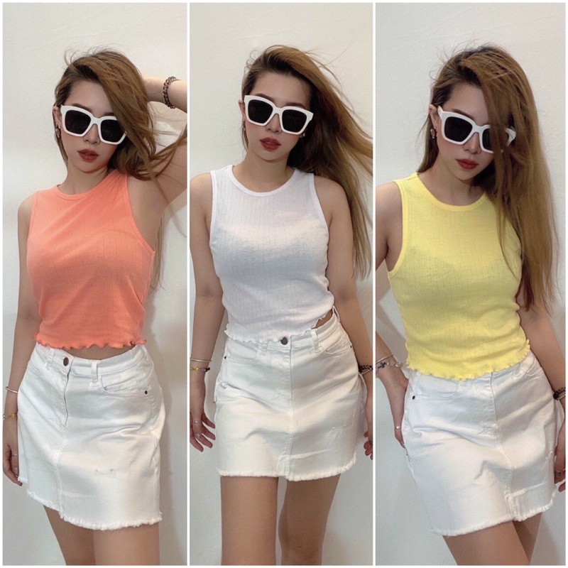 Áo croptop 3 lỗ dài thun bo gân to xoăn lai trơn màu, 3 màu