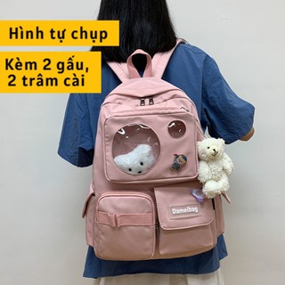 Balo thời trang ulzzang chống thấm nước, cặp đi học cho nữ, kèm 2 gấu, 2 trâm cài, HÌNH THẬT