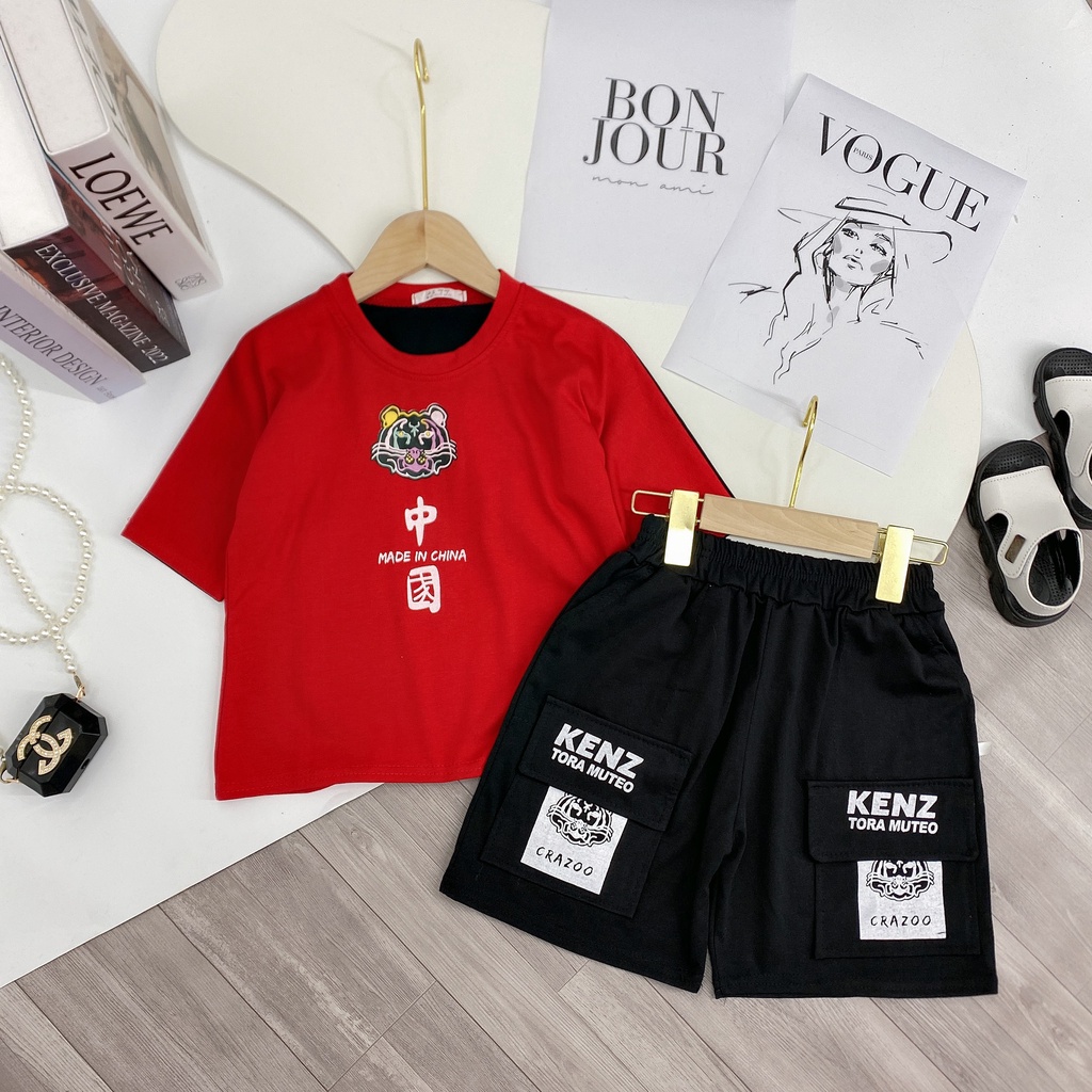 Bộ quần áo thun hè " Hình - Hổ" 14-48kg cho bé trai 4-14 tuổi. Năng động, phong cách. Hàng may kỹ. B56