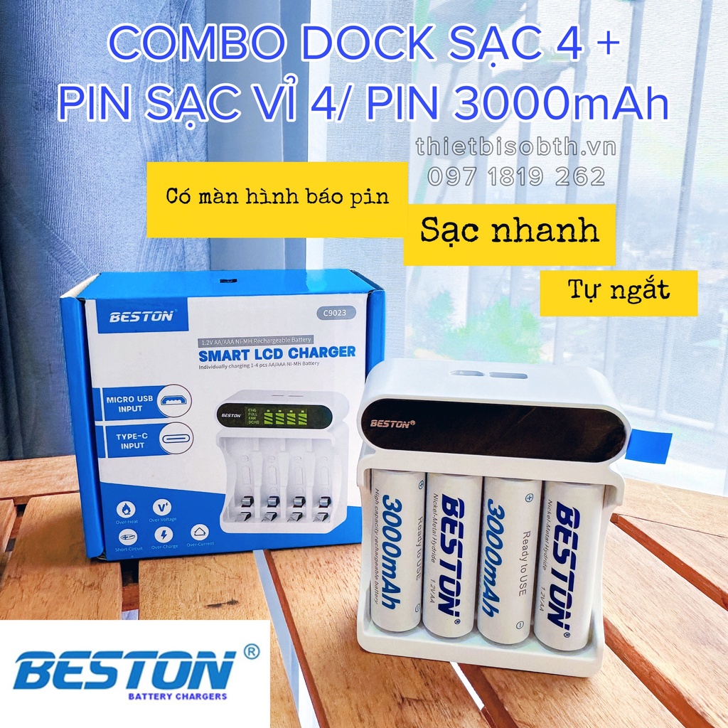 Vỉ 4 Pin sạc AA AAA Beston chính hãng 3000mAh. Kèm dock sạc 4 cho Micro, Đồng hồ, Đồ chơi...