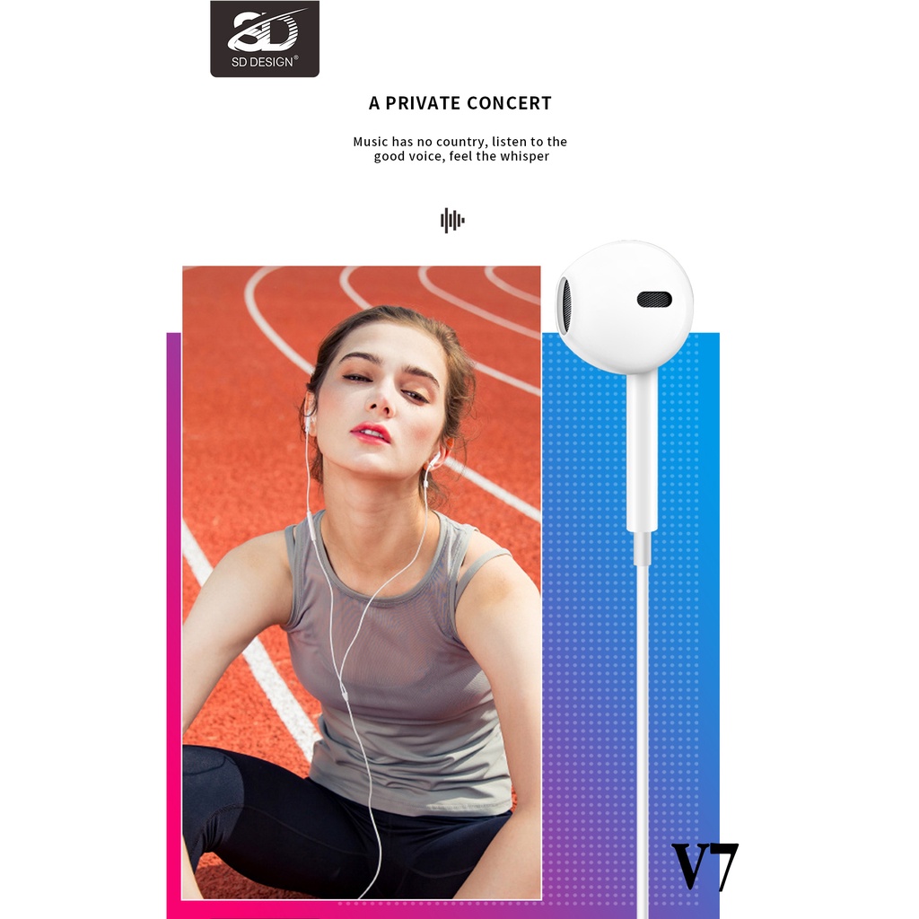 Tai nghe nhét tai SD - V7 nghe hay có mic đàm thoại, dây dài 1.2m, Jack cắm 3.5mm