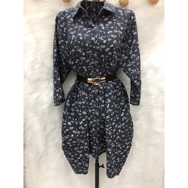 Váy Đầm sơ mi Hàn Quốc 2 hand , Nền xanh đen wash hoa nhí- Size M