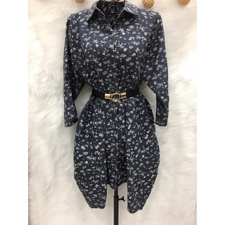 (#Đ2)Váy Đầm sơ mi Hàn Quốc 2 hand , Nền xanh  đen wash hoa nhí- Size M