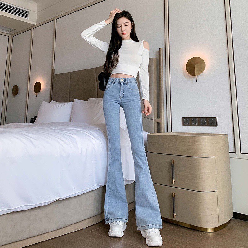 Quần bò jean nữ ống loe đứng rộng suông co giãn, quần jean ống loe cạp cao hách dáng theo phong cách hàn quốc