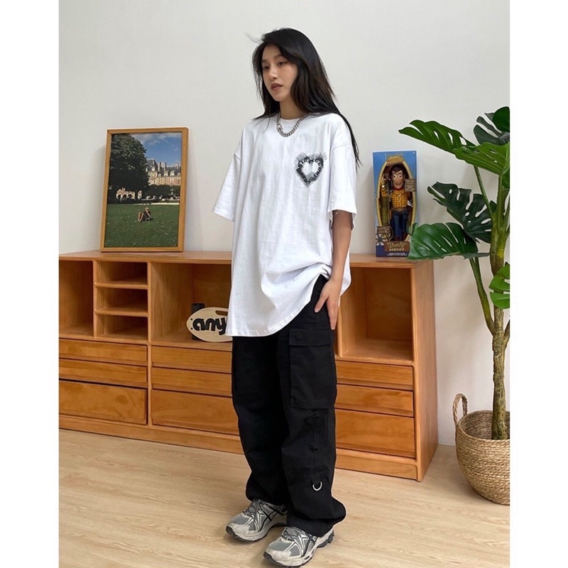 Áo thun cotton tay lỡ dáng rộng unisex - tim 2 mặt