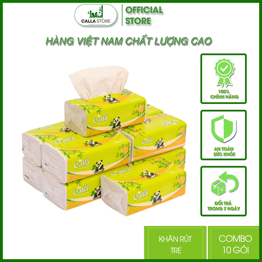 Combo 10 Bịch Giấy Ăn Gấu Trúc Calla Official - Giấy Rút Tre Calla 3 Lớp 120 Tờ Khổ 10cm Mềm Mịn, Không Tẩy Trắng