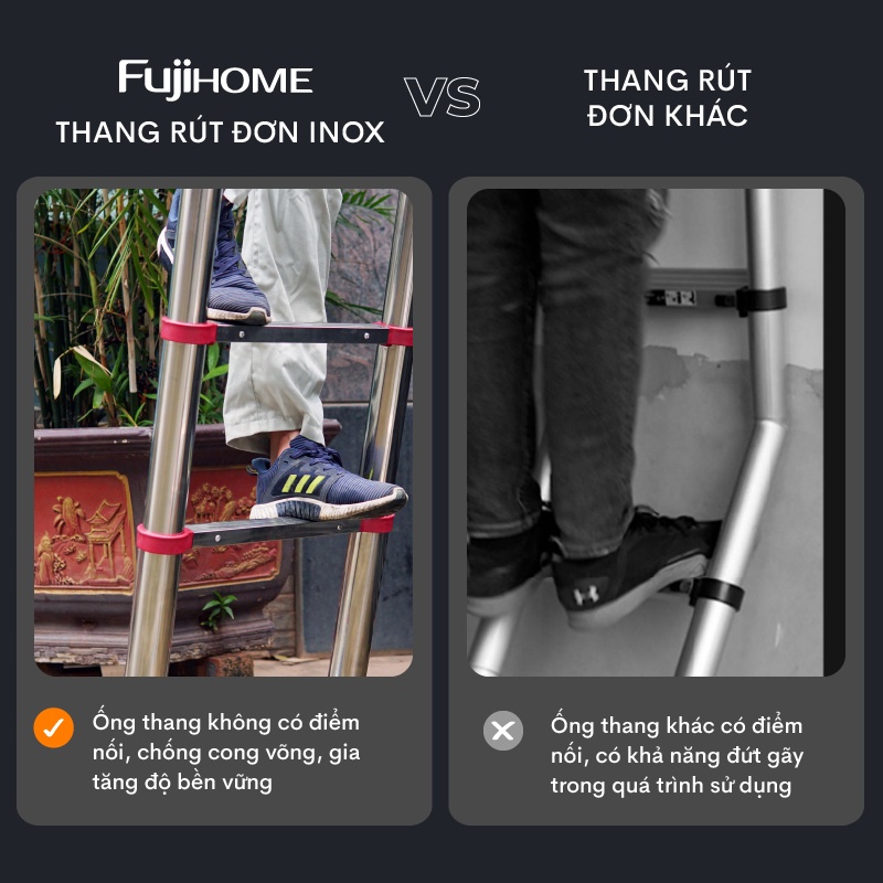 Thang nhôm Inox rút đơn 3,8m - 4,4m - 5m gấp gọn Nhập Khẩu Nhật Bản FUJIHOME, telescopic ladder