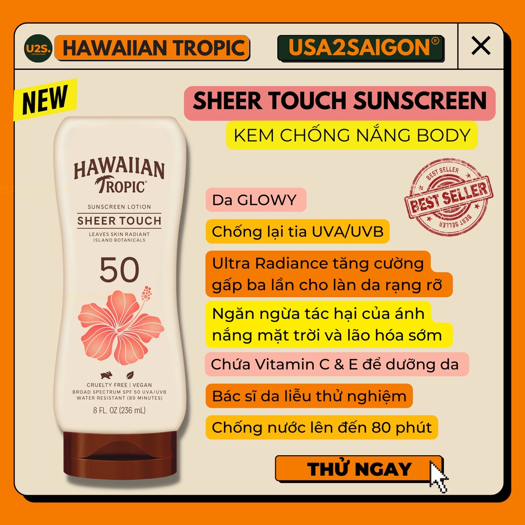 Kem chống nắng toàn thân Lotion chống nắng Hawaiian Tropic Sunscreen Sheer Touch SPF 30 - SPF 50 - SPF 70