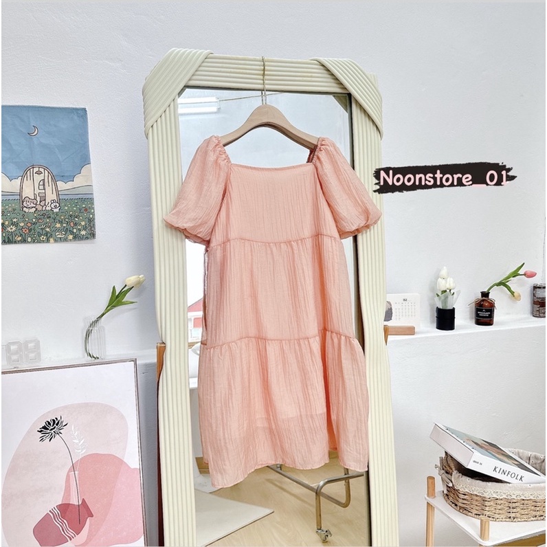Đầm cổ chữ U dáng babydoll 2 tầng siêu xinh hàng 2 lớp cận chất - hàng có sẵn