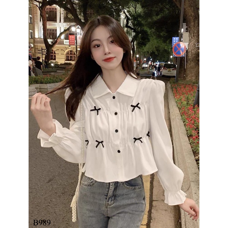 Áo Sơ Mi Tay Dài Nữ Lamo Design Áo SơMi Nữ Thiết Kết Bo Nhúng ngực phối nơ xinh vải sốp Hàn Mềm Thoáng Mát B989