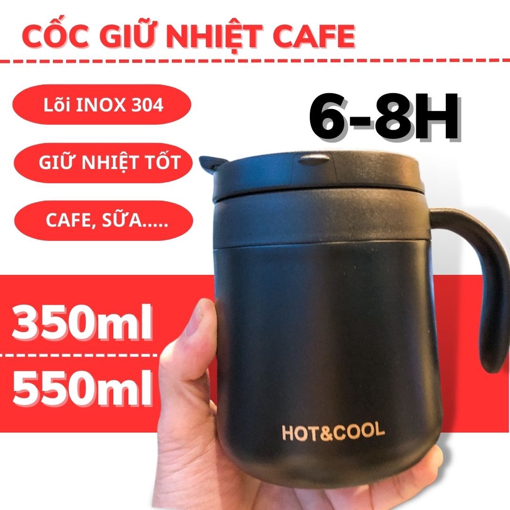 Cốc giữ nhiệt inox 304 có tay cầm Hot&Cool 350ml cao cấp INOX 304 - Cốc giữ nhiệt cafe