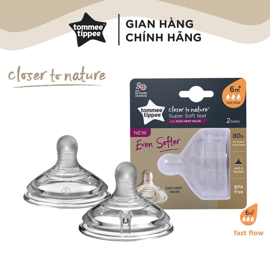 Núm ty silicon siêu mềm tự nhiên cho bé Tommee Tippee Closer to Nature Fast Flow từ 6 tháng (vỉ đôi, tách lẻ)