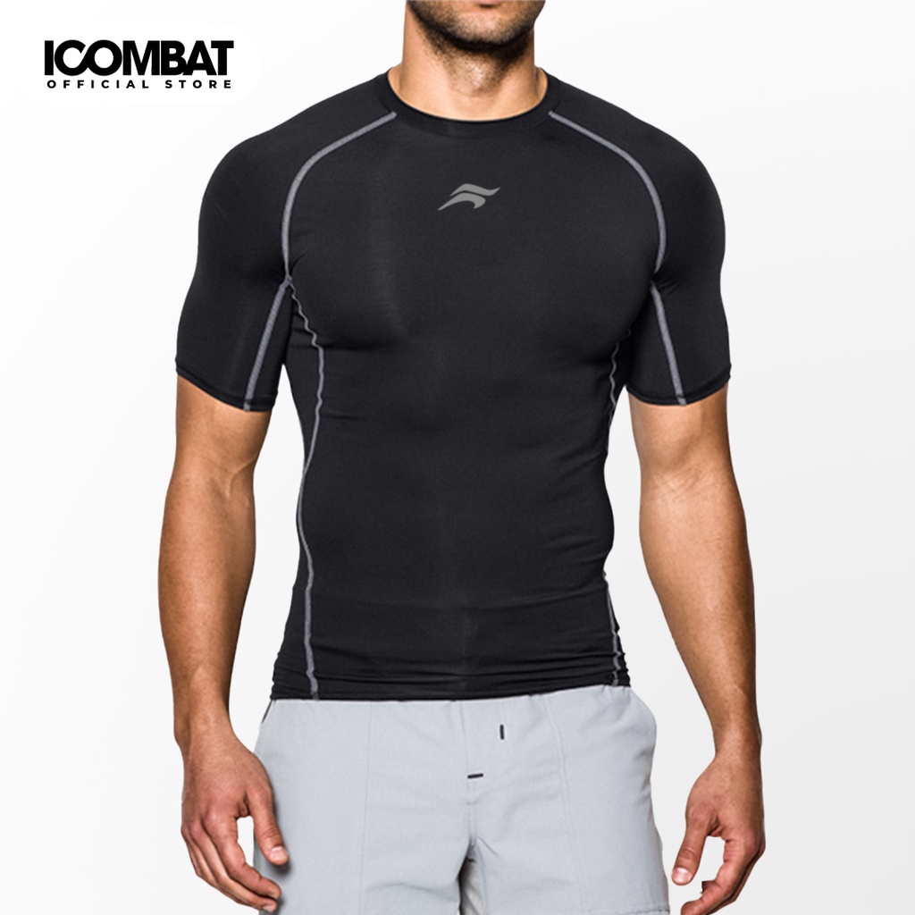 Áo thun thể thao nam iCOMBAT Recycle Tee v2 tay ngắn đen chỉ xám tôn dáng ôm body