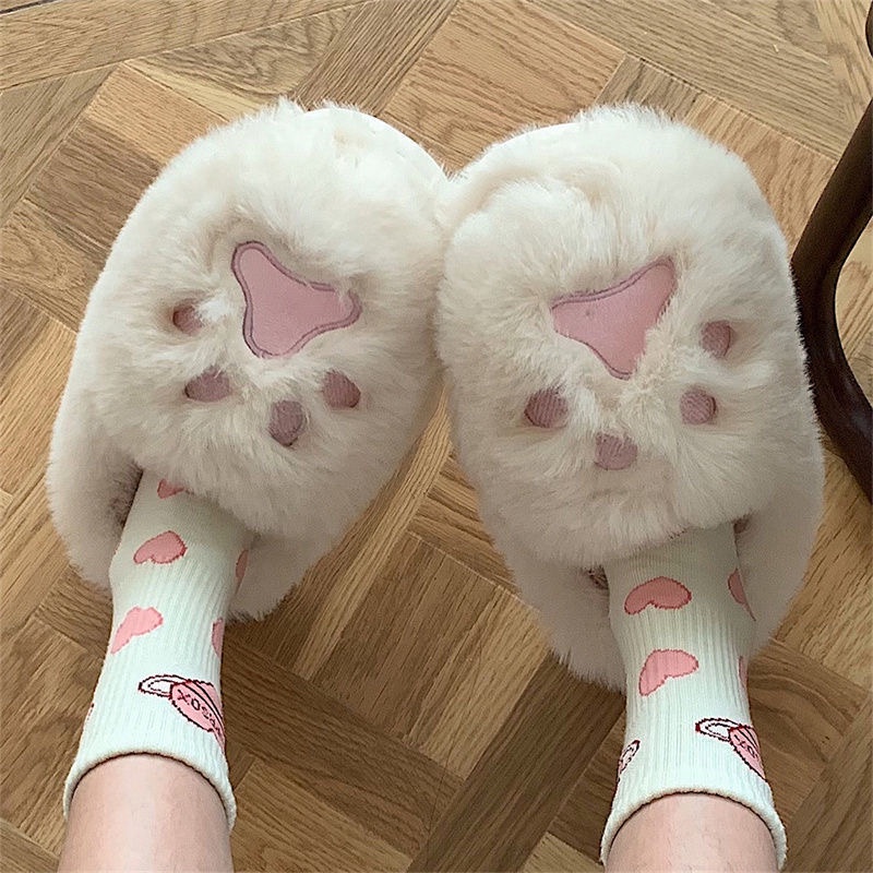 Babyfair Cat Paw Sang Trọng Dép Đáng Yêu Ấm Áp Mềm Mại Thoải Mái Nữ Lông Đi Trong Nhà
