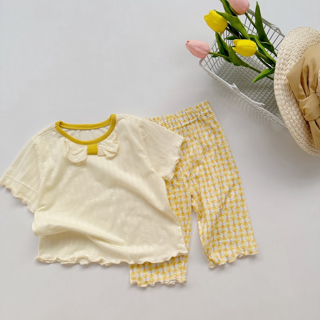 Bộ cộc tay họa tiết phối viền nơ cho bé Minium, Bộ quần áo trẻ em cotton thu hè, miniumbabyfashion SB1430, SB1466