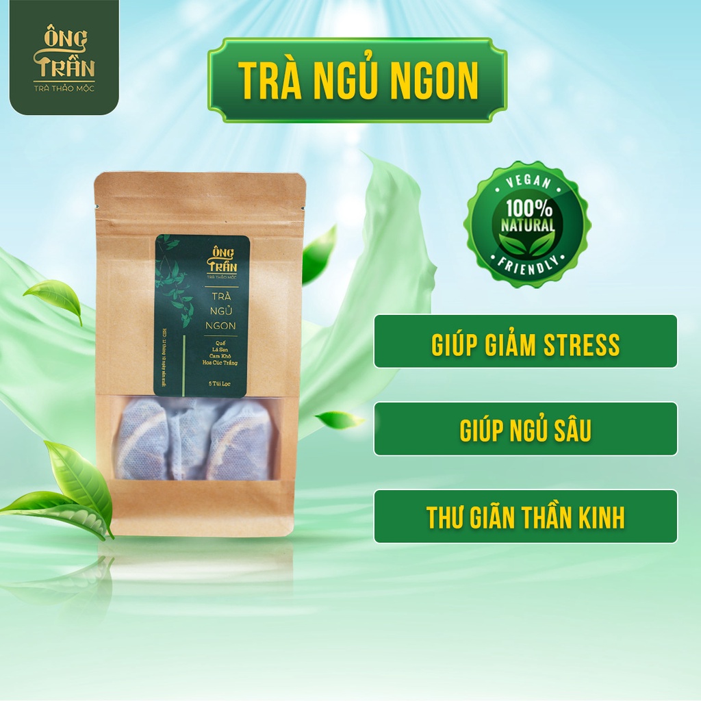 Trà thảo mộc, ngủ ngon, thư giãn thần kinh, giảm stress, căng thẳng, Thảo Mộc Ông Trần, gói nhỏ (5 túi lọc x 10gr)