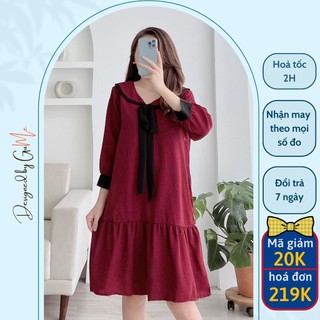 Váy bầu bigsize 40-100kg váy bầu thu đông - đầm bầu gume dạ tweed màu đỏ nơ đen 2 lớp dài tay mb200