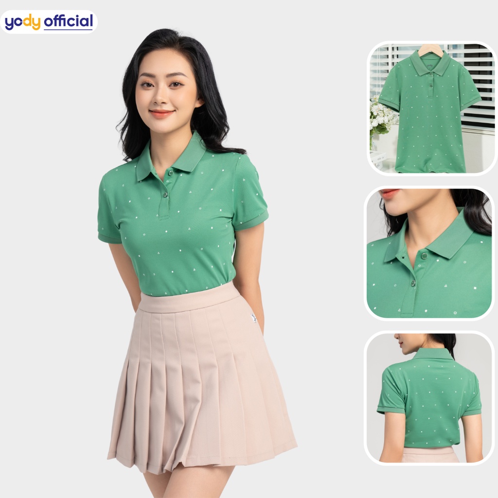 Áo polo nữ YODY vải mắt chim in tràn hình học co giãn thấm hút mồ hôi - APN5300