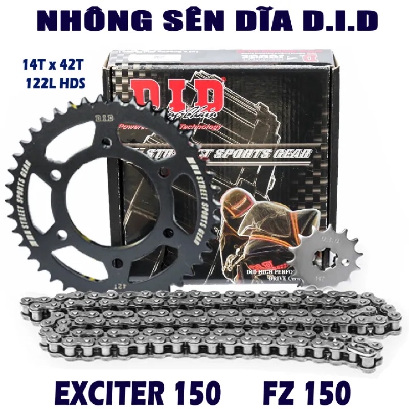Nhông sên dĩa Exciter 150, FZ 150 - Sên đen 10ly DID HDS - Thái Lan