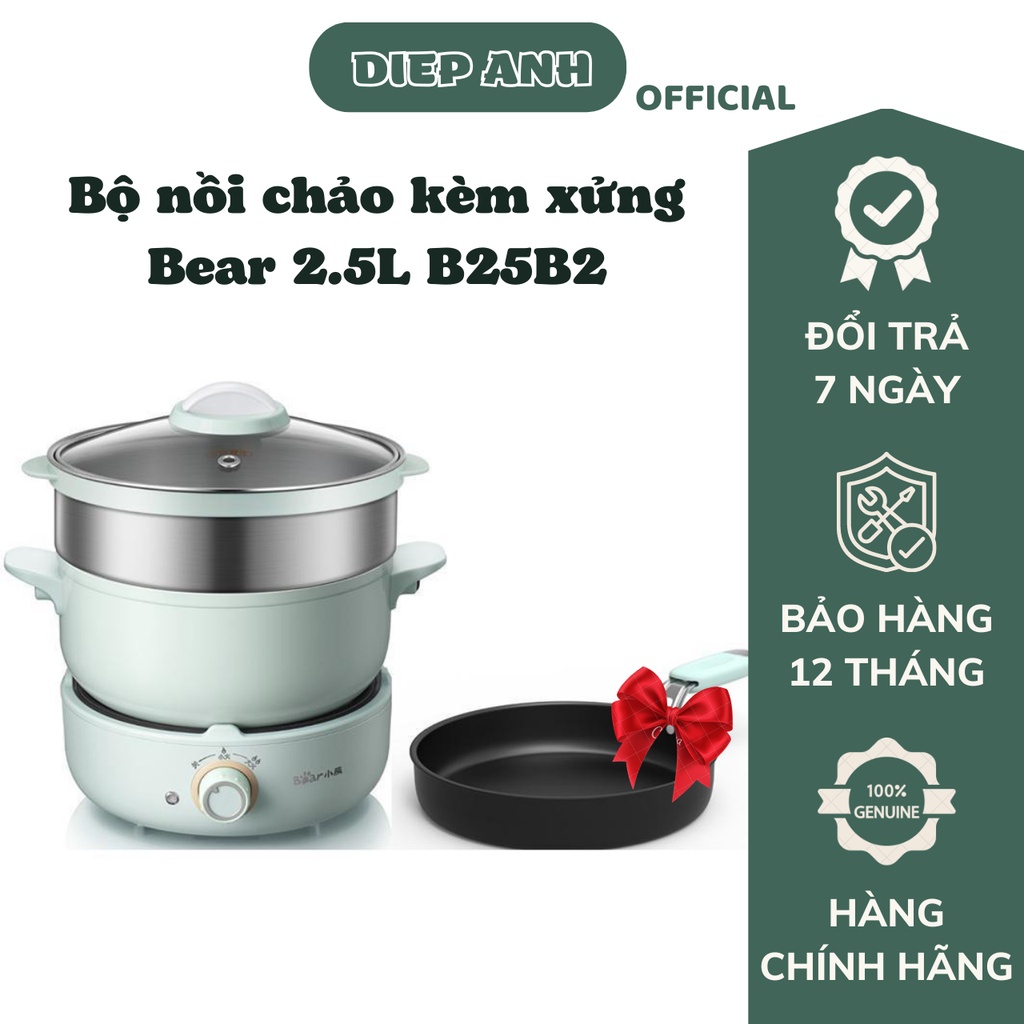 Nồi lẩu đa năng mini kèm xửng hấp TẶNG CHẢO Bear B25B2 2.5L dùng nấu, nướng, chiên, hấp, lẩu
