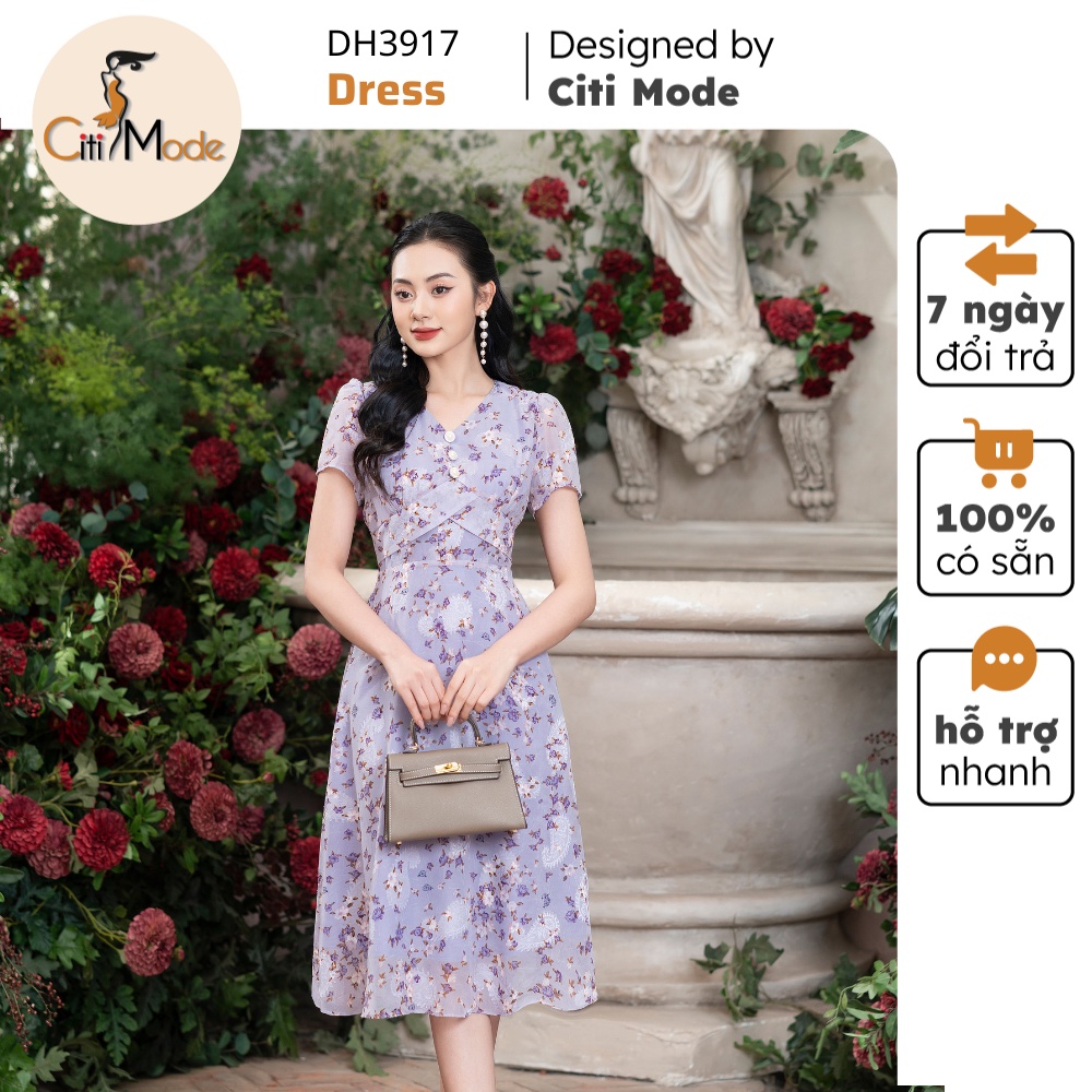 Đầm công sở CITI MODE FASHION thiết kế dáng xòe hoa nhí tím cổ V DH3917