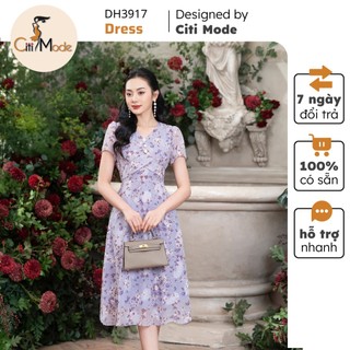 Đầm công sở CITI MODE FASHION thiết kế dáng xòe hoa nhí tím cổ V DH3917