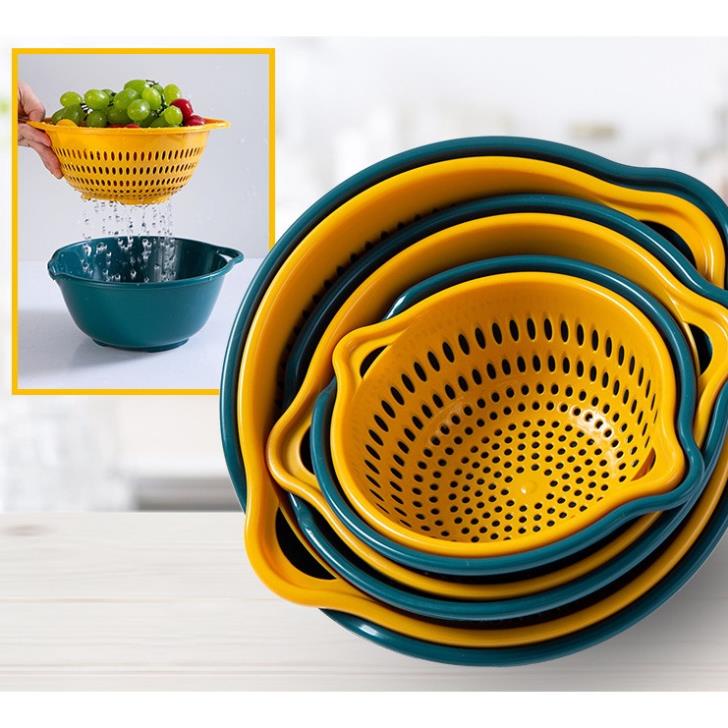 Set Rổ Kèm Chậu 6 Món Bộ 3 Rổ Và Chậu Thau Nhựa Rửa Rau Củ Đựng Hoa Quả Trái Cây 2 Lớp Hình Vuông