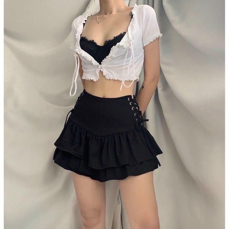 Chân váy 2 tầng đan dây 2 bên chất vải boly có quần trong hàng y hình kèm ảnh thật chính chủ ( free size từ 40-53kg)