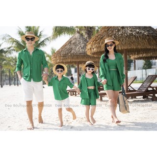 Set gia đình đi biển xanh lá - có cả bộ và váy