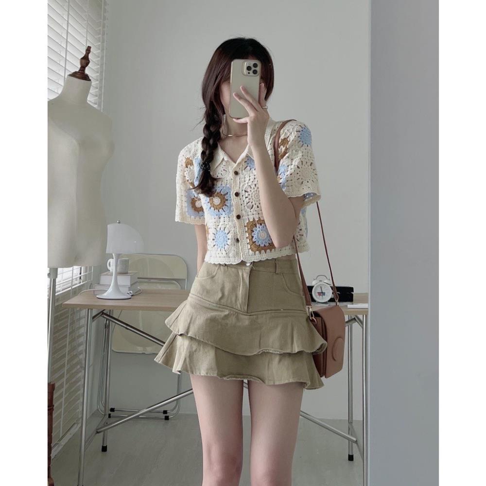 Áo len dáng croptop hoa cúc, Áo len ren đan móc thổ cẩm hoạ tiết siêu xinh ROSIE