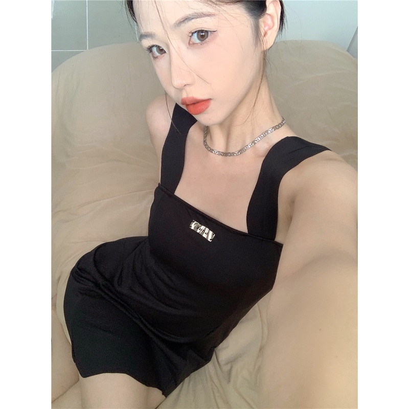 Lalisas Đầm Hai Dây Ôm Eo Màu Đen Thời Trang Mùa Hè Pháp