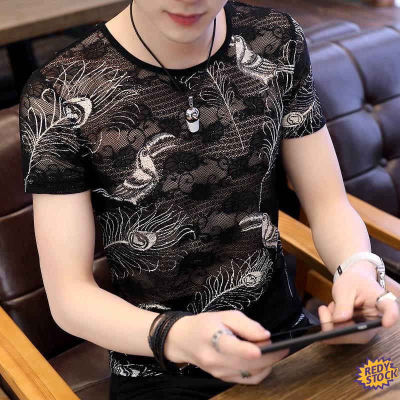 Chất lượng cao O S mi nam Cung Ni N D I Tay in Th / Th Ng Áo Thun Lụa Băng Cho nam &#Áo Thun Tay Ngắn Cổ Tròn Phối Ren Lưới Thoáng Khí Thời Trang Trẻ Trung 39; s 39; s