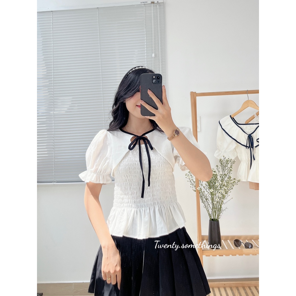 Áo Trắng Tay Bo Chun Kiểu Khoác Giả Tay Phồng