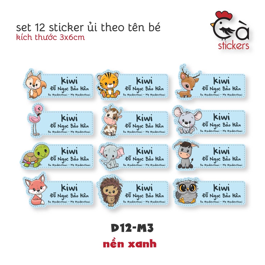 Sticker ủi áo in tên trẻ em GaStickers UT-D12- bộ 12 miếng kích thước 3 x 6 cm