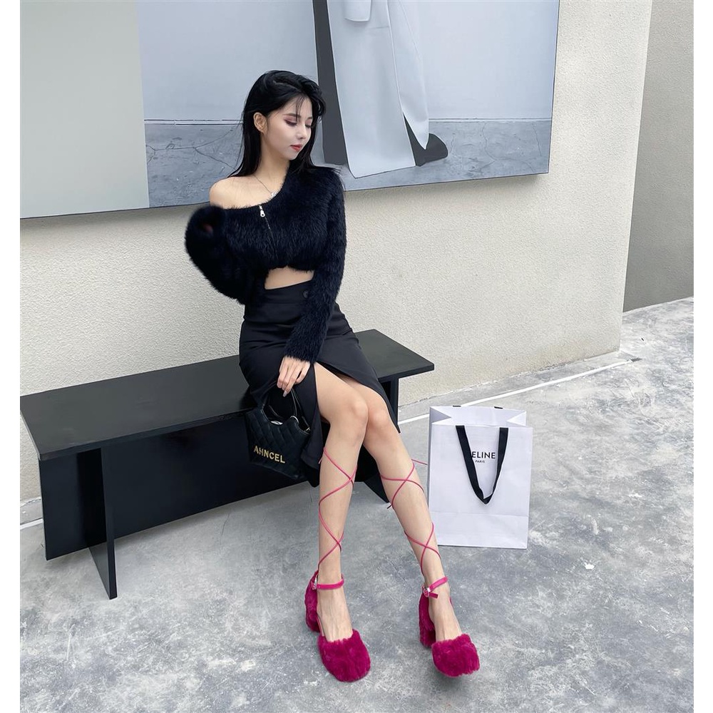 Giày búp bê lông xù gót vuông hot trend 2023 thời trang nữ bông phồng đẹp