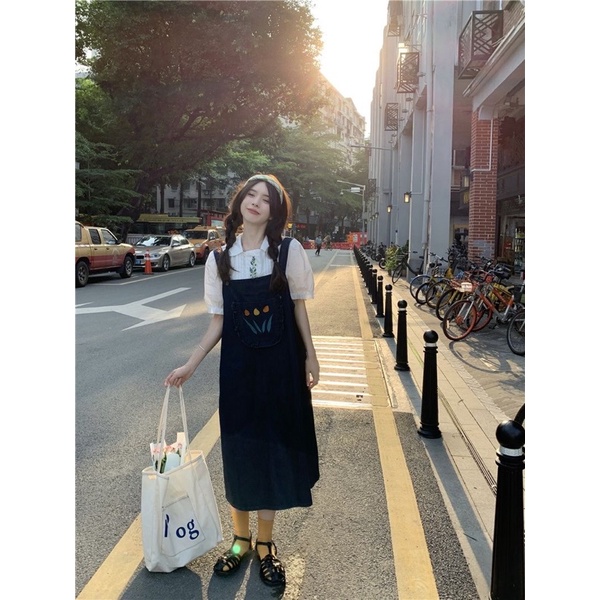 Od Yếm váy 2 dây chất denim dáng dài và ngắn hoạ tiết túi hoa tuylip mẫu mới