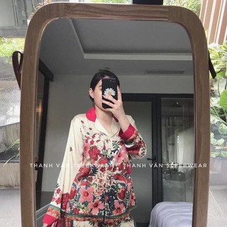 [LỤA XƯỚC] Đồ Bộ Pijama Hoa Đỏ Thiết Kế