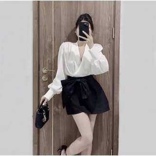 [Hàng đẹp]: Set áo lụa cổ V kèm quần tacta nơ
