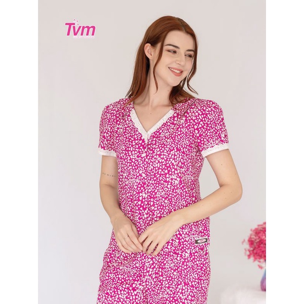 Bộ lửng nữ ngắn tay cài nút B564 Tvm Luxury Homewear, chất liệu kate cotton