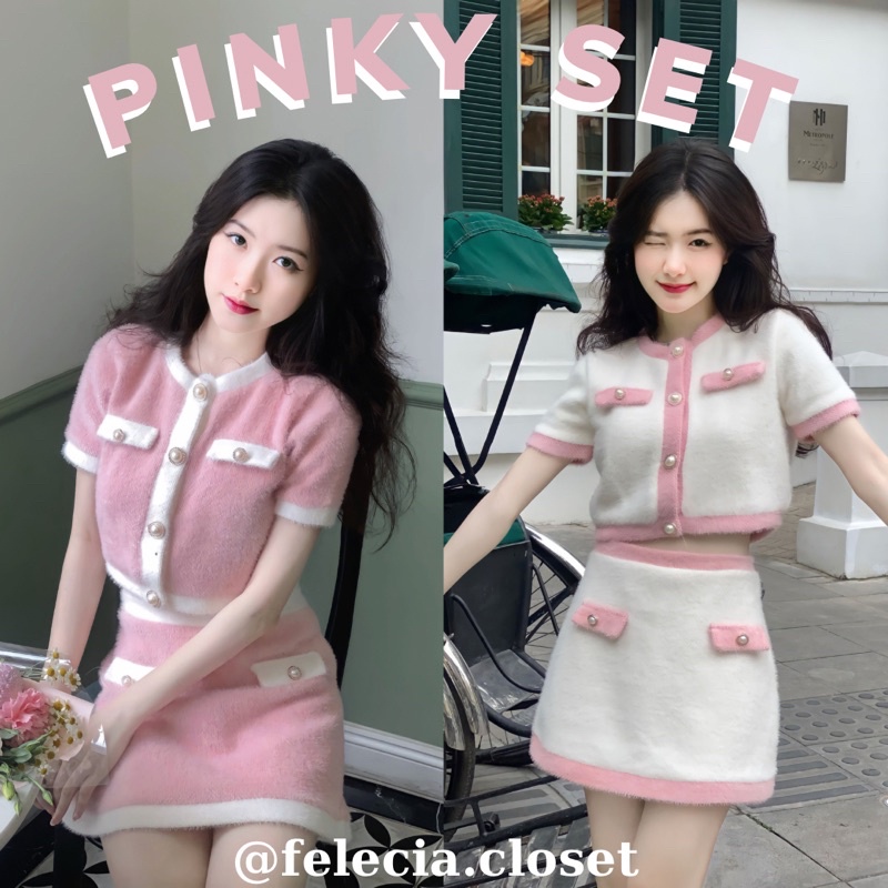 Set áo lông thỏ cộc tay kèm chân váy viền ( PINKY SET)