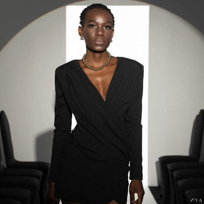 Váy ngắn xếp ly chéo tà xẻ cổ V, vai độn NUTZ DRESS | NYA STUDIO